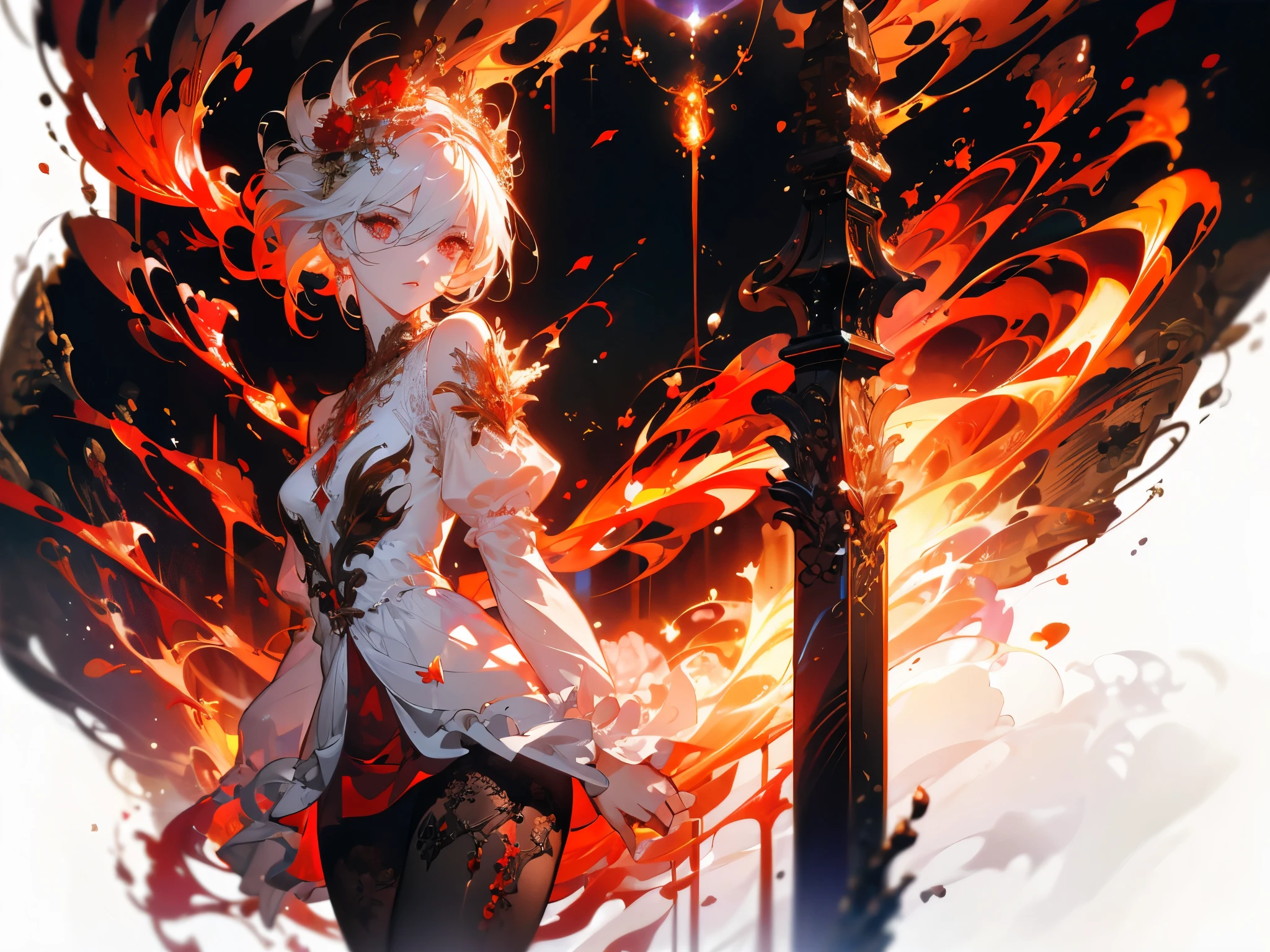 ((masterpiece, best quality)), Epic battlefield atmosphere,Ashes Paradise,Queen,Flame Surround,spark,Petals falling,A meticulous face,Standing image,Perfect body proportions,Long legs,Stylish short hair,Beautiful red eyes,Fantasy style,White background,transparent,Sexy,Lace,Pantyhose