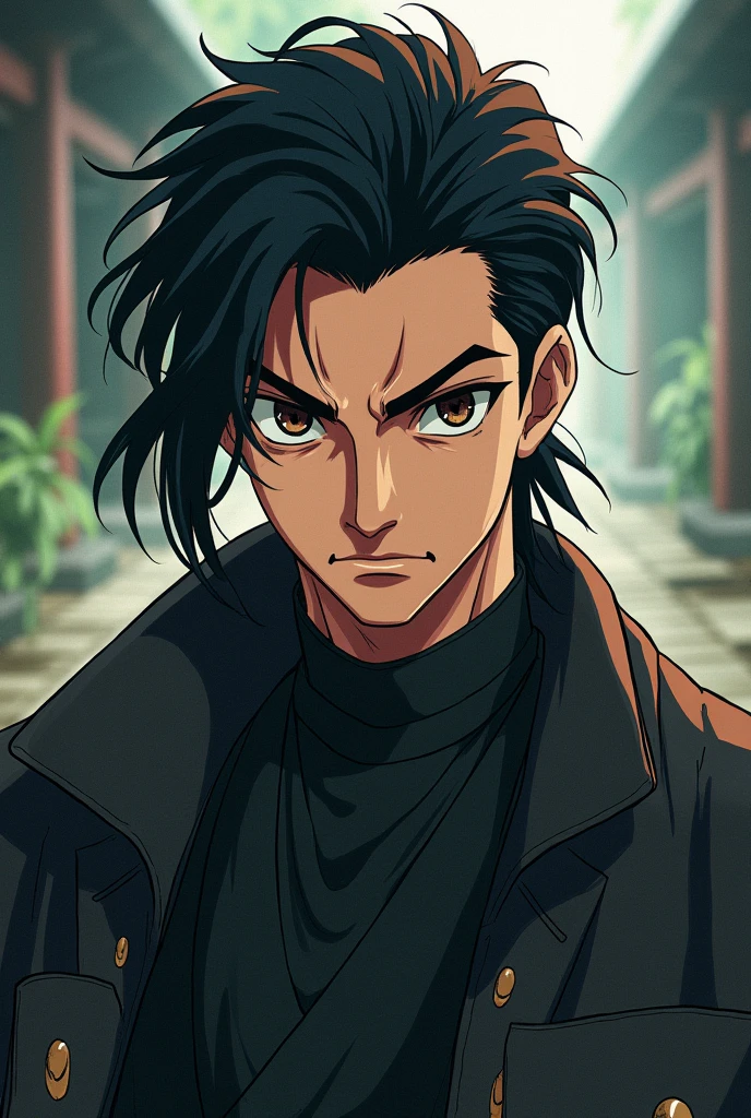 Young man character with black slicked back hair, dark brown eyes in demon slayer anime style