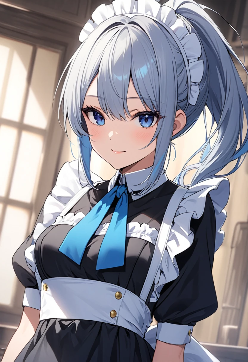 maid、黒のmaid服、Dark blue eyes、Beautiful blue-silver hair、Small smile、ponytail