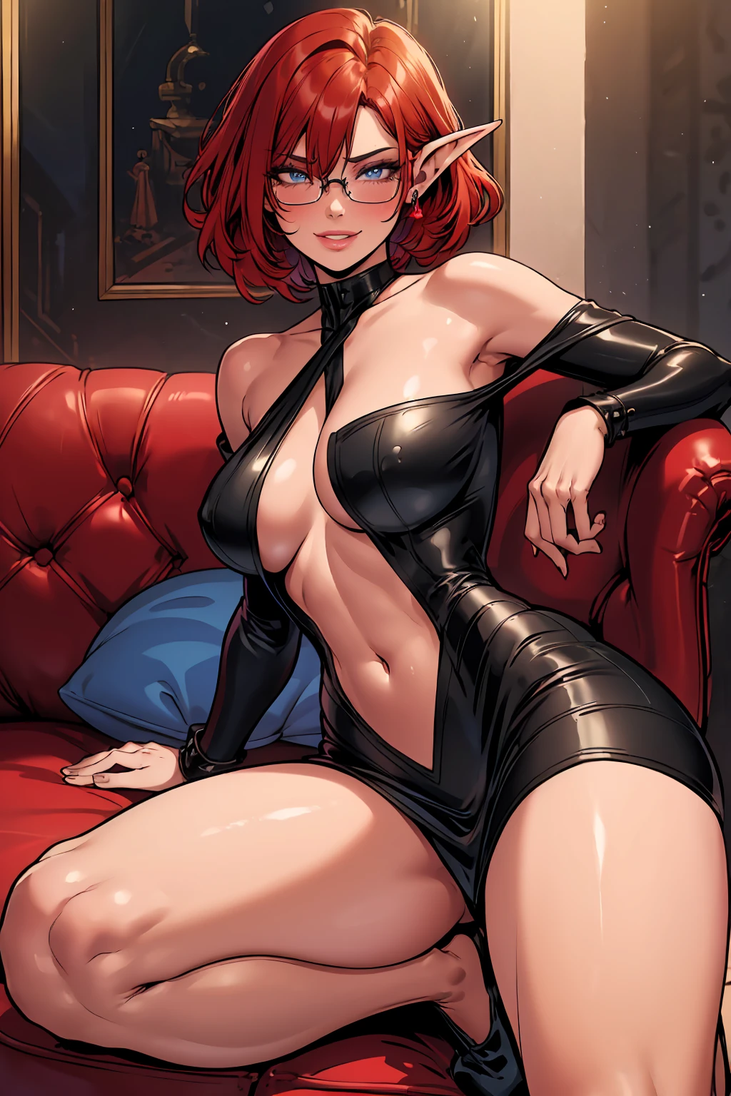 1girl, beautiful elf woman, ((Short Red Hair, Straight, has shine)) Blue eyes, double eyelids, light effect on eyes, detailed irises, beautiful curvy body, glasses, Shoulderless black evening gown with a long flowing skirt, black lace thong, black high heels, ((Work of art, hyper-realistic, hyper detailed, Best Quality, 16k, light and shadow on skin, vivid colors)) ((leaning back on leather couch in dimly lit room)), ((Hands cupping )) Lustfulression, perfect lips, sexy maturece, fg with viewer, lots of freckles all over body, full pouty lips, extreme blush, sensual smile, night time, moonlit sky, ((Front View)), ((Full body shot)), breasts are covered,l smile at viewer
