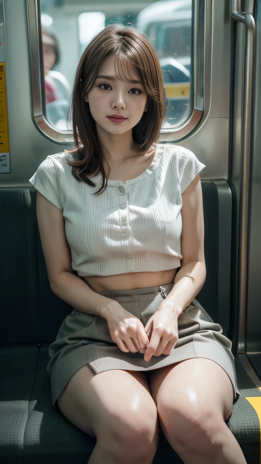 （masterpiece、Highest quality、8k、RAW Photos、beautifully、beautiful：1.2）、Exquisite detail、indirect lighting、Real、whole body、sit in a train seat、Gazing at the audience、{1 high school girl：smile：naked　Radiant Skin}、{{Colorful embroidered underwear}}、、Ultra-high resolution、8k、Bokeh、Sharp Focus、Ultra detailed face、、{{thin,beautiful足を開く}}、、（Mid-chest）、Ultra-detailed eyes
