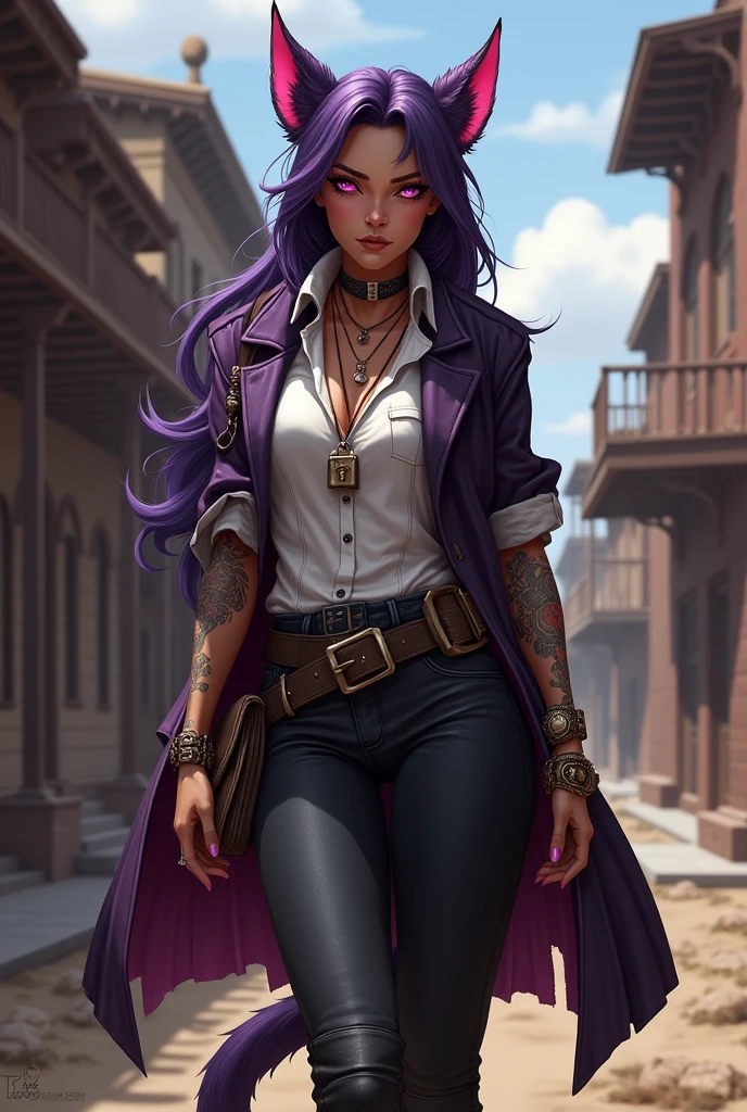 I would like a woman with bronze skin, dark purple Fade hair, pink eyes, and a padlock necklace. She has animal ears on her head, a tail on her back, pointed teeth, and tattoos on her arms. She wears a small purple and black coat draped over her shoulders, covering her back, with a shirt underneath. She has a side bag, black boots, and pants. I would like her to have a mature style and for the art to be in a fantasy RPG style set in the Old West.