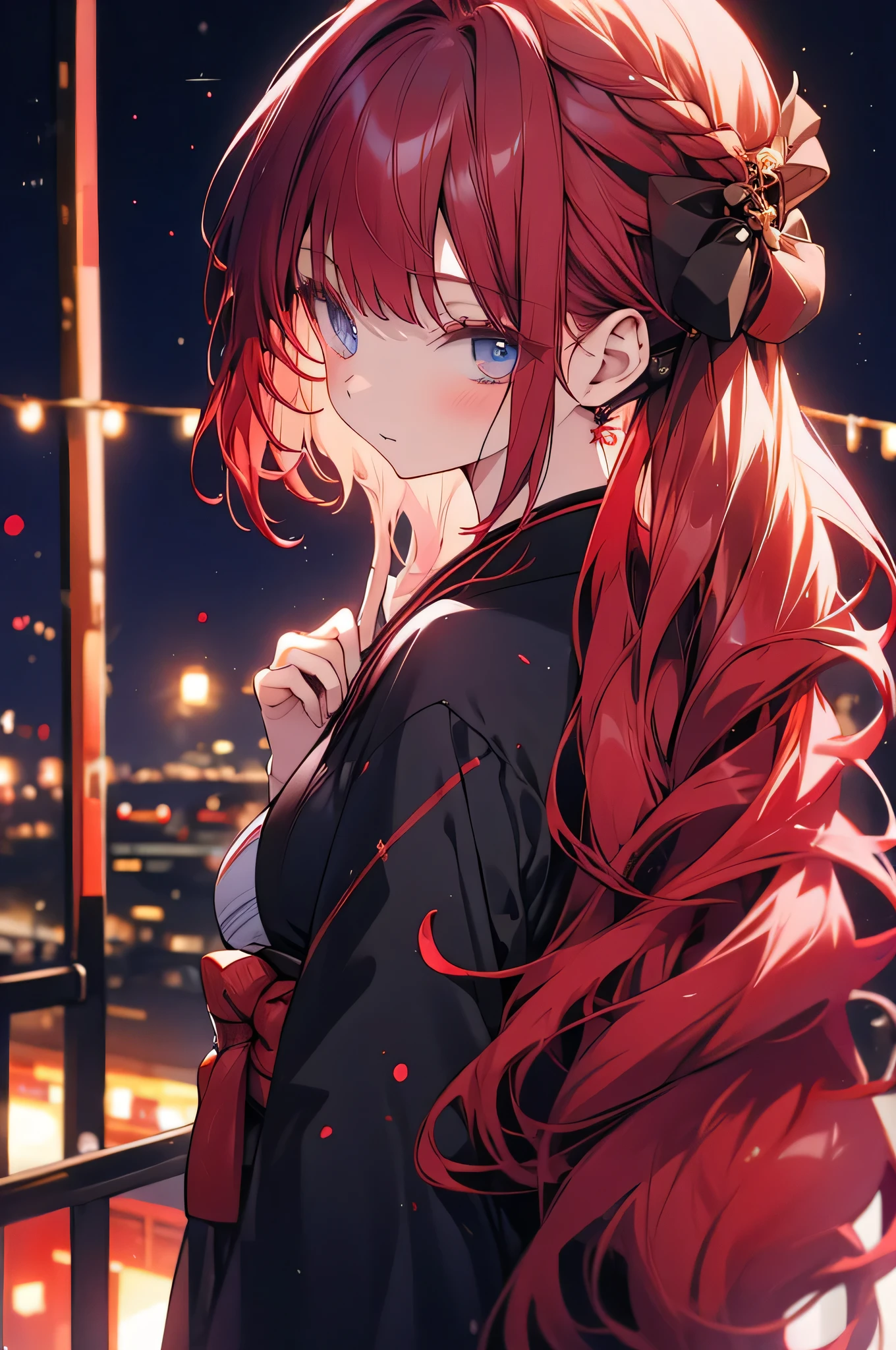 A cherry-red-haired girl with blue eyes, wearing a black yukata, her hair tied up.