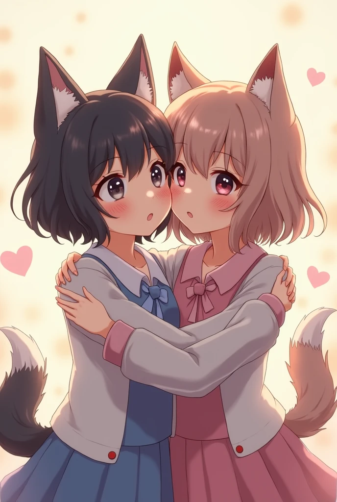 Generate a drawing of two anime girls hugging one with wolf ears and one with cat ears