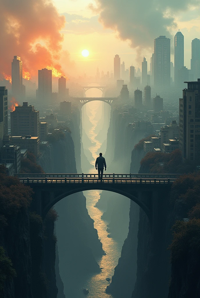On the left is a huge city where there is a fire and an old city and robbery and chaos, many people. On the right is a huge city, clean and well-kept.. Between them there is a long and high bridge.. There is a chasm under the bridge. A man is walking across the bridge leaving the city on the left and heading to the city on the right..