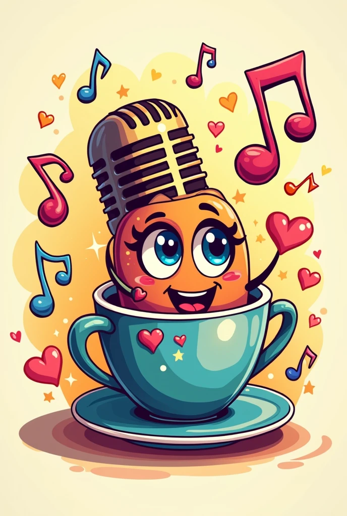 A logo with a microphone and brightly colored musical notes and a cup of coffee with little eyes, hearts and glitter