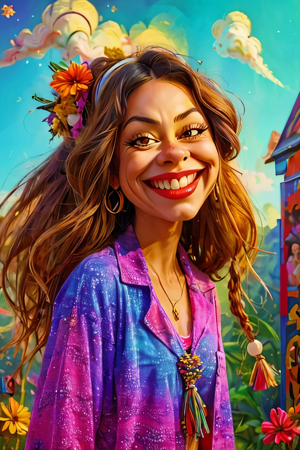 A (((caricature))) of a hippie girl floating in the sky, exaggerated facial features with large eyes and a wide, blissful smile, long flowing hair with flowers and beads, wearing vibrant tie-dye clothing, surrounded by colorful birds, surreal and dreamy atmosphere, clouds and stars in the background, psychedelic patterns swirling around, cartoon style, bright and vivid colors, peaceful and euphoric expression, dynamic and whimsical pose, highly detailed, (masterpiece: 2), best quality, ultra highres, original, extremely detailed, perfect lighting
