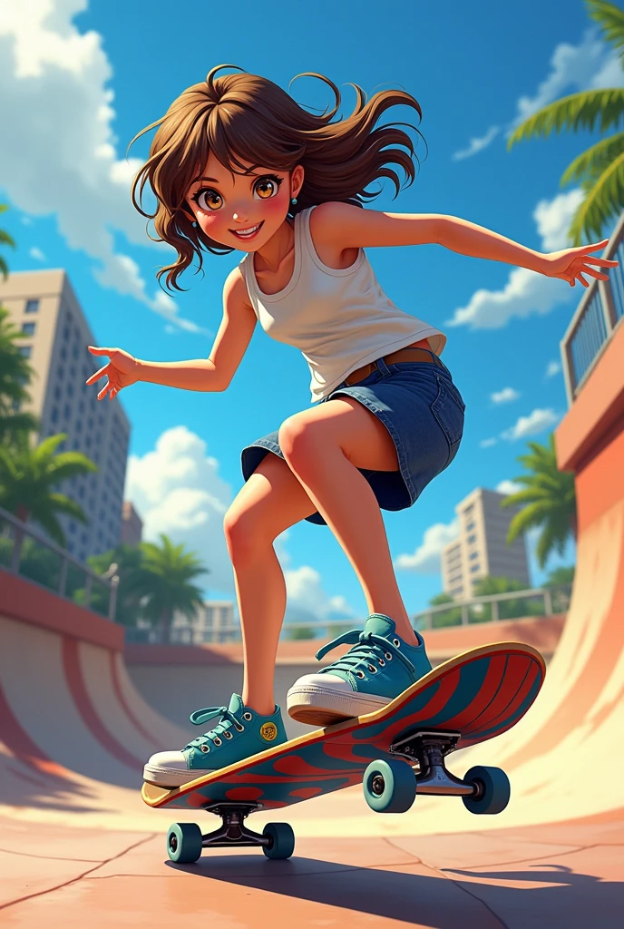 Yes A  girl, anime style with brown hair, wavy shoulder length, Skateboarding in a Skate Park