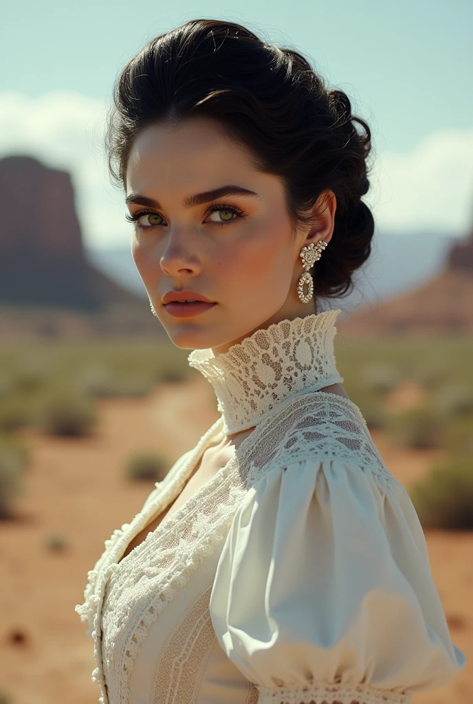 1875, southern lady, black hair, green eyes, feminine dress, wild west, wears her hair tied up, white victorian dress