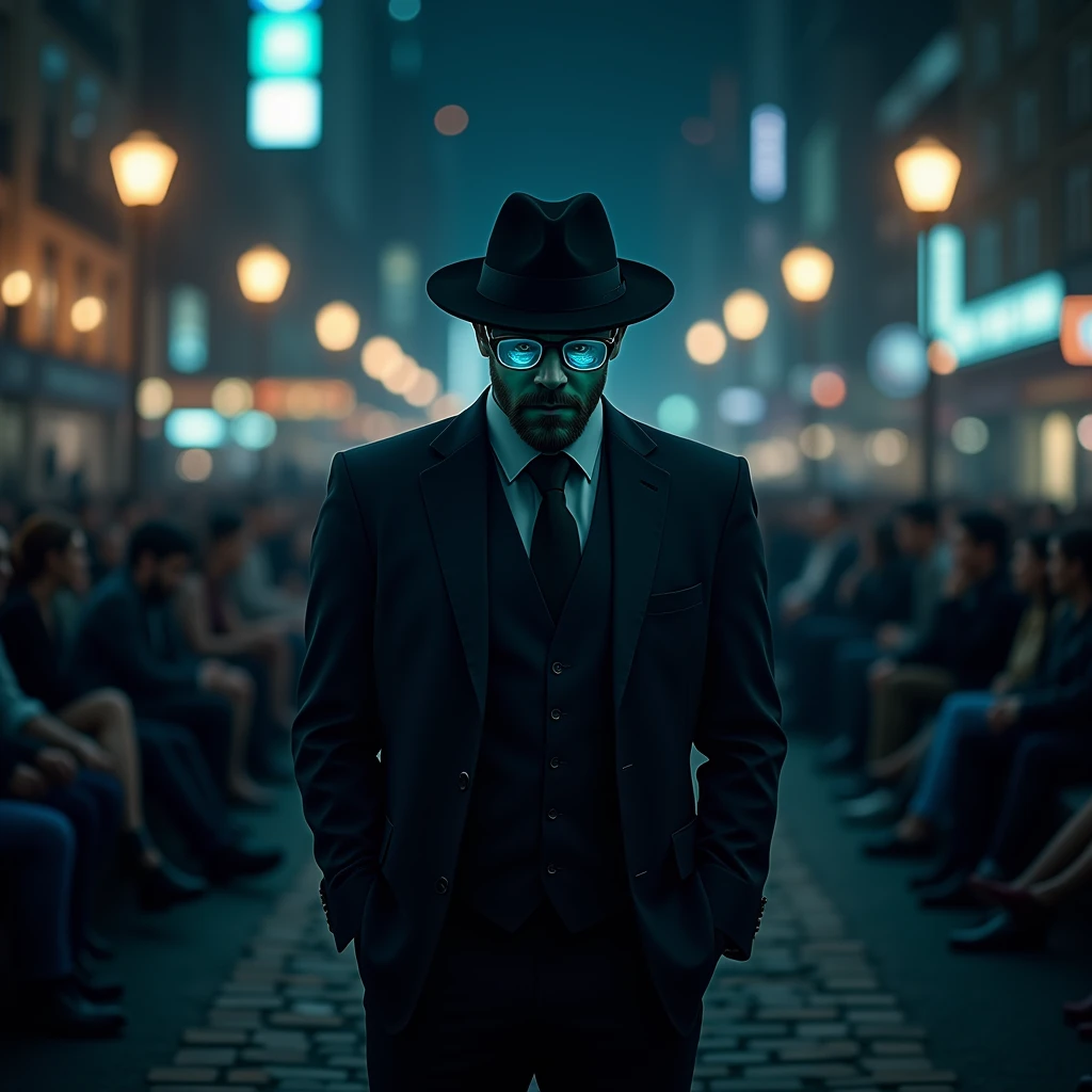 Depressed man in a suit,Wear a hat, People sitting in the city at night々, think, can'I can't see your face,Wear glasses,The glasses have a bluish tint,A little bit cyber chic