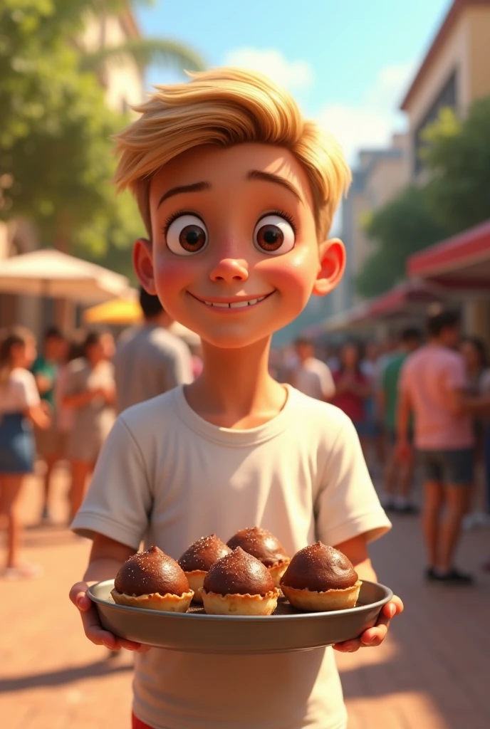 Raise a .Honey blonde hair combed to the side,social court,Pixar-style, need to be wearing a white t-shirt. selling chocolate brigadeiros
