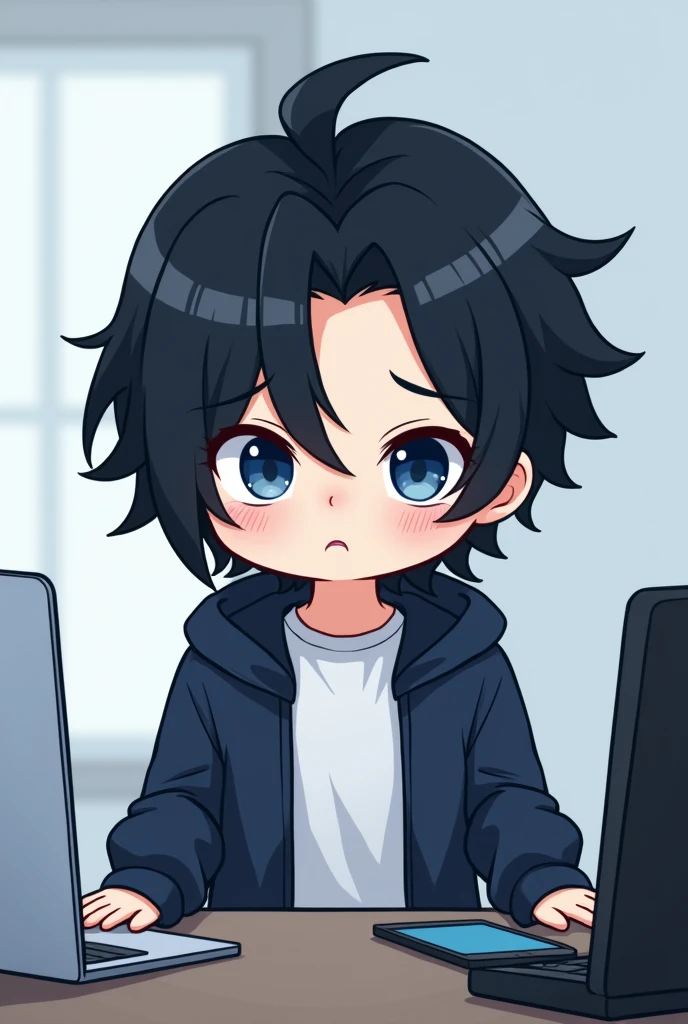 One person,Black Hair, Asymmetrical bangs, Parting the bangs,Blue Eyes,Drooping eyes,White T-shirt,Navy blue jacket,smartphone,computer,Simple background,cool,Default,Illness,Confused eyes,Distributor,Chibi Character