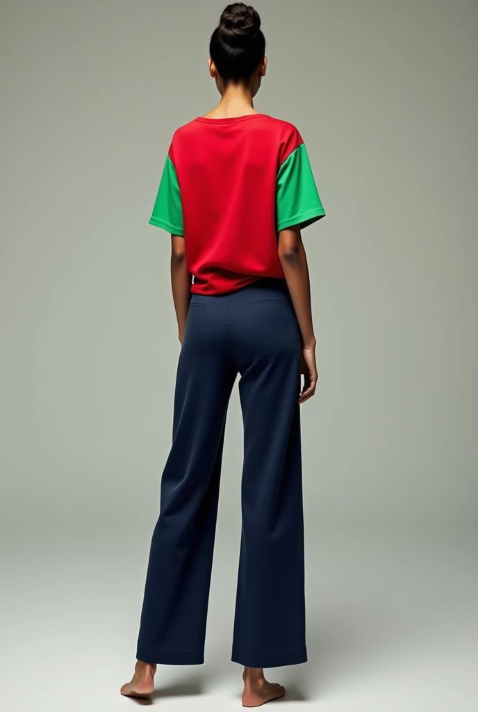 Slim woman wearing red t shirt with full light green sleeves and navy blue pajamas back facing the camera and t shirt tucked feet visible