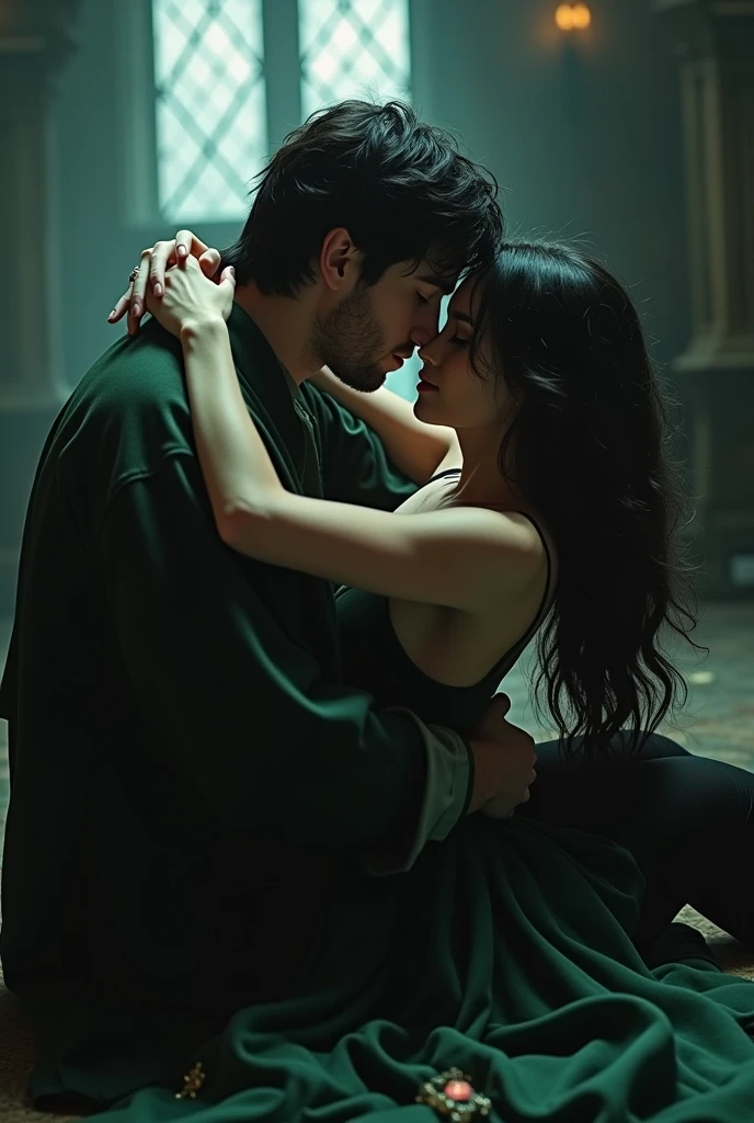 Draw a woman and a man with black hair and white skin kissing intensely wearing the Hogwarts uniform on the floor of a secret chamber, he is from Slytherin and she is from Gryffindor, At that moment they finally admit the desire they feel for each other even though they are enemies., Sua intensa, possessive and latent