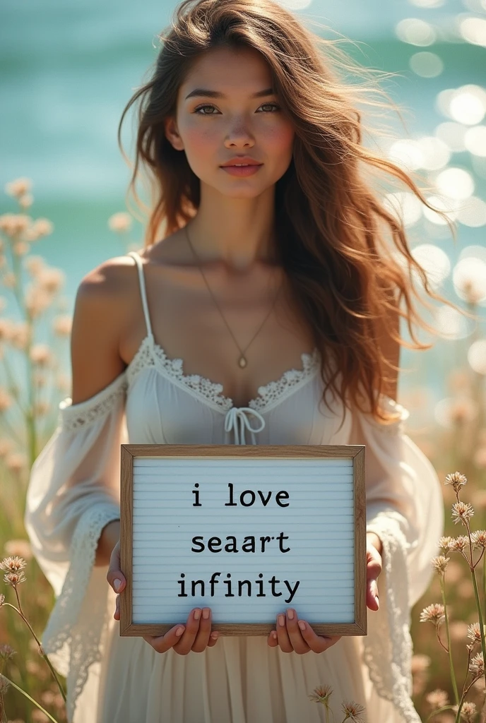 Beautiful girl with wavy long hair, bohemian dress, holding a white board with text "I Love Seaart Infinity" and showing it to the viewer