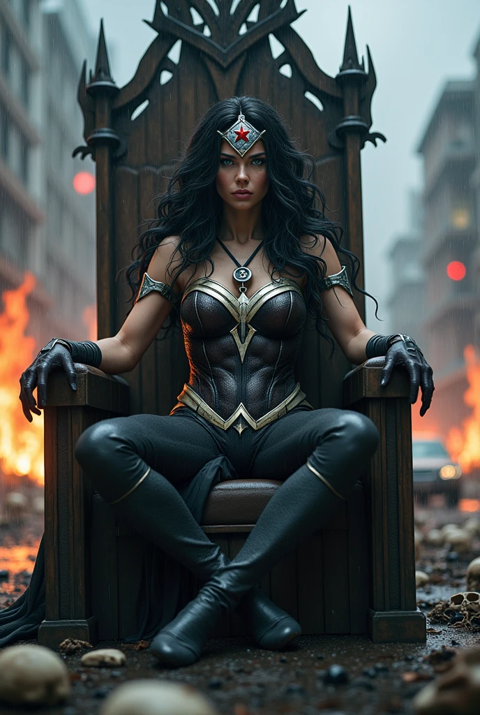 ((A beautiful woman under the mantle of the Amazon warrior Wonder Woman has long black hair with one side of her head completely shaved Diaema in silver colored metal is Diaema wearing a red star on her forehead,His eyes are light blue. Her superheroine costume is samurai themed.. Usually (((Her costume includes a black jumpsuit and a black armor top over her jumpsuit.))) sitting on her throne exhausted after an extensive battle blood around her skulls and rats around her in an apocalyptic and rainy city cars and buildings on fire))),(((From her neck hangs a round pendant with a black medal with an S as the emblem of this Superheroine.