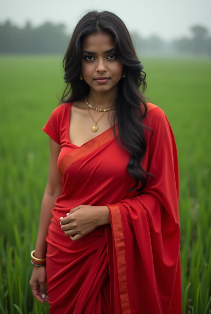 photo of Indian girl, ((( girl wearing red saree ))), Cleavage,Indian,perfect eyes, dusky skinned girl, curvy_hips, chubby, sexy_body, Wide cleavage, seductive_pose, slavery, village girl, farming, standing in fields,Saree