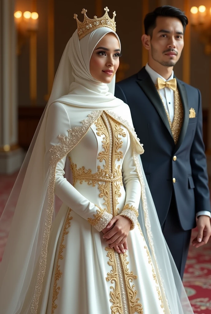 a muslim hijabi bride in full sleeve white ball-gown with golden detailing. Wearing gold crown and long gold neckpiece. Her husband will be in dark navy blue suit.