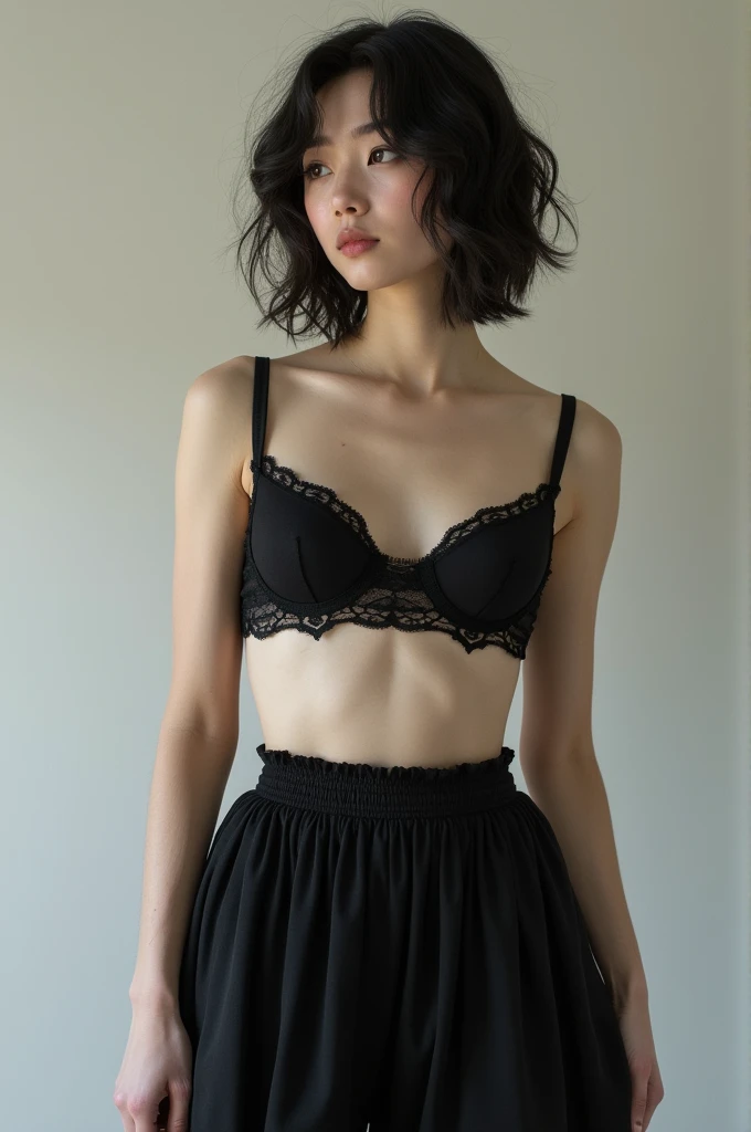 A boy with big breast wears a black bra and skirt