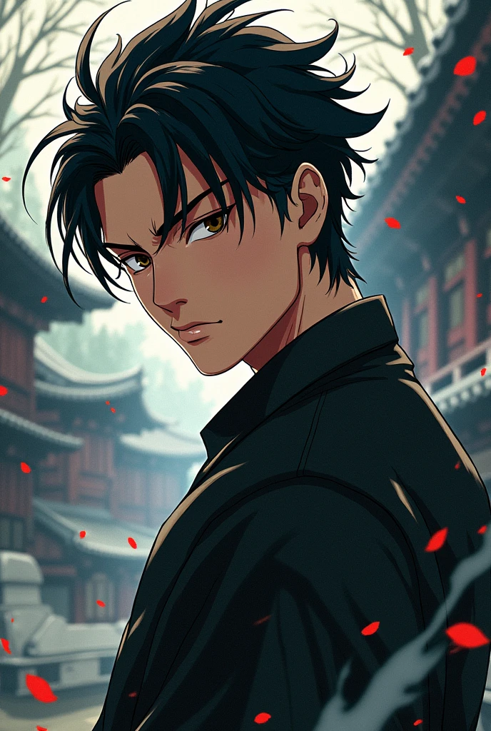 Young man character with black slicked back hair, dark brown eyes in demon slayer anime style
