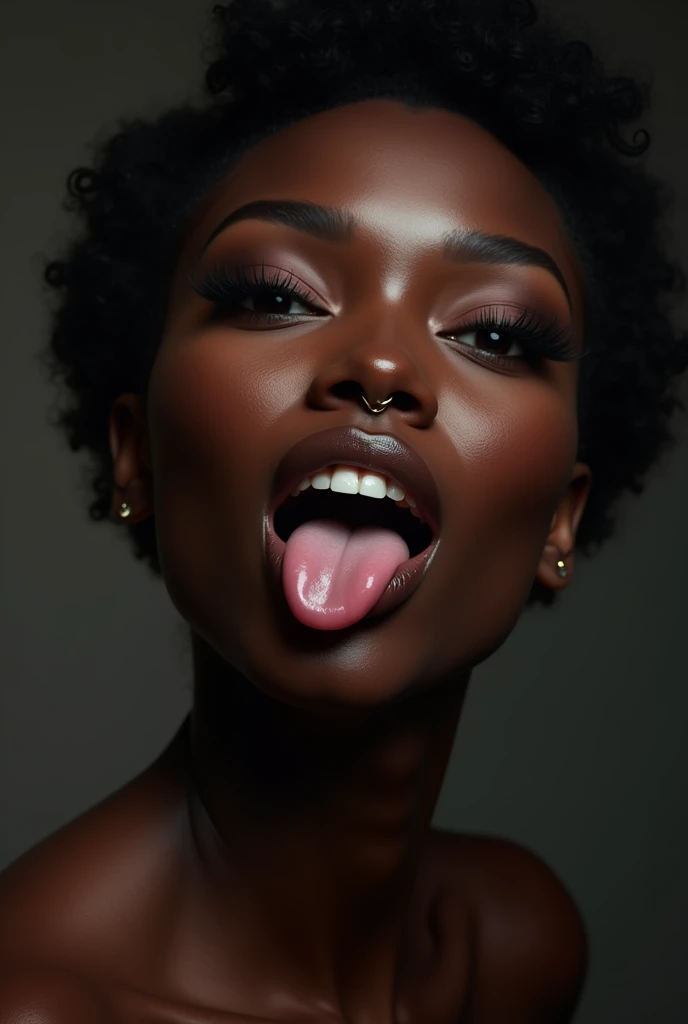 A beautiful dark African women smiling and  sticking out her pierced tongues and winking an eye in a demure but crazy way way