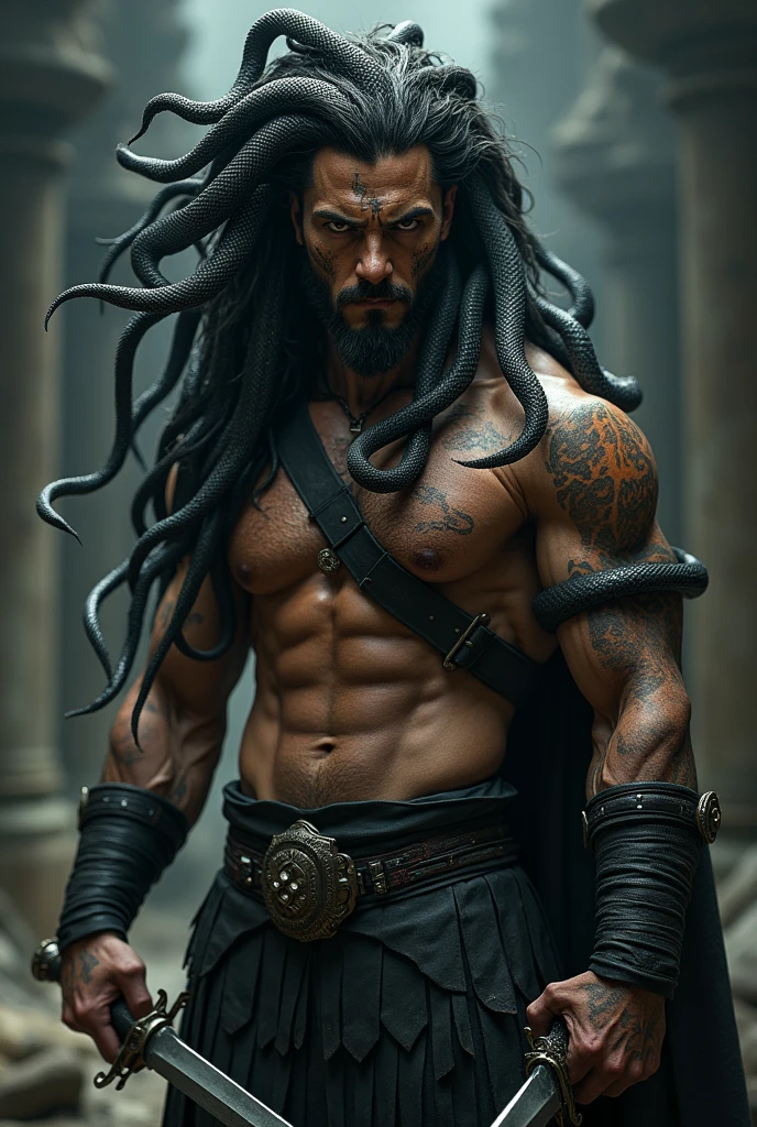 Black brown man with snakes instead of hair like Medusa, seductive with scars and black leather gladiator style armor, with short sword and war marks.