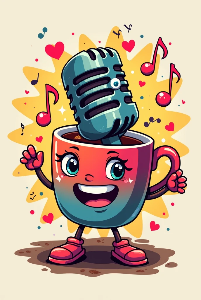 A logo with a microphone and brightly colored musical notes and a cup of coffee with little eyes, hearts and glitter