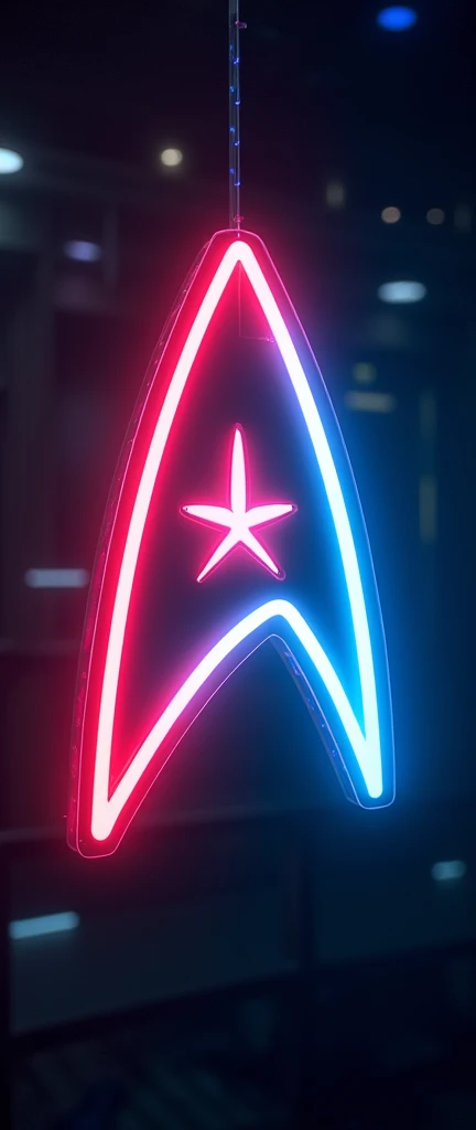 a neon sigh outline of a ship with the federation comm badge symbol 