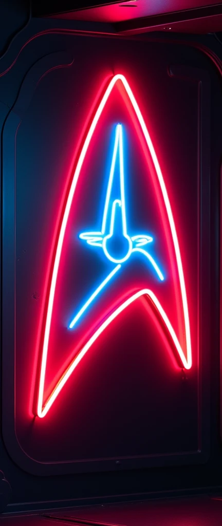 a neon sigh outline of a ship with the federation comm badge symbol