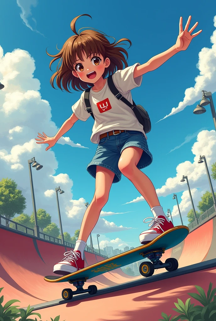Yes A  girl, anime style with brown hair, wavy shoulder length, Skateboarding in a Skate Park