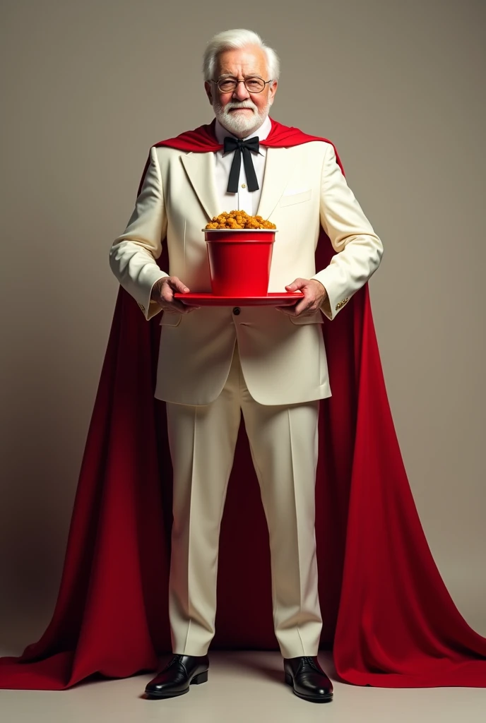 The real colonel harland sanders, with his super power which is a red square tray with a bucket of chicken and a red cape