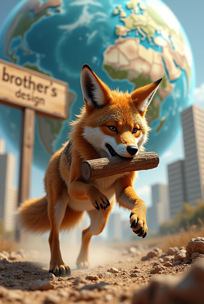 Coyote running and holding a large piece of wood, around the world, uma placa grande escrita Brothers's Design
