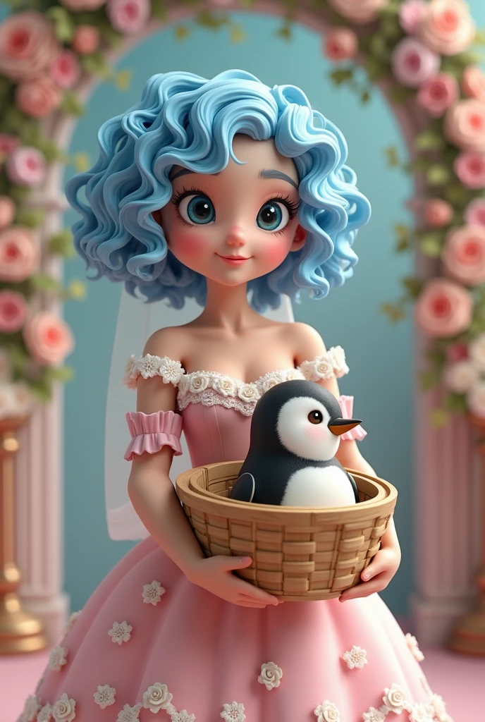 40 year-old girl with curly blue hair
A pink dress with pictures of white roses on it
A wooden basket with a penguin inside
In wedding
Style 3D