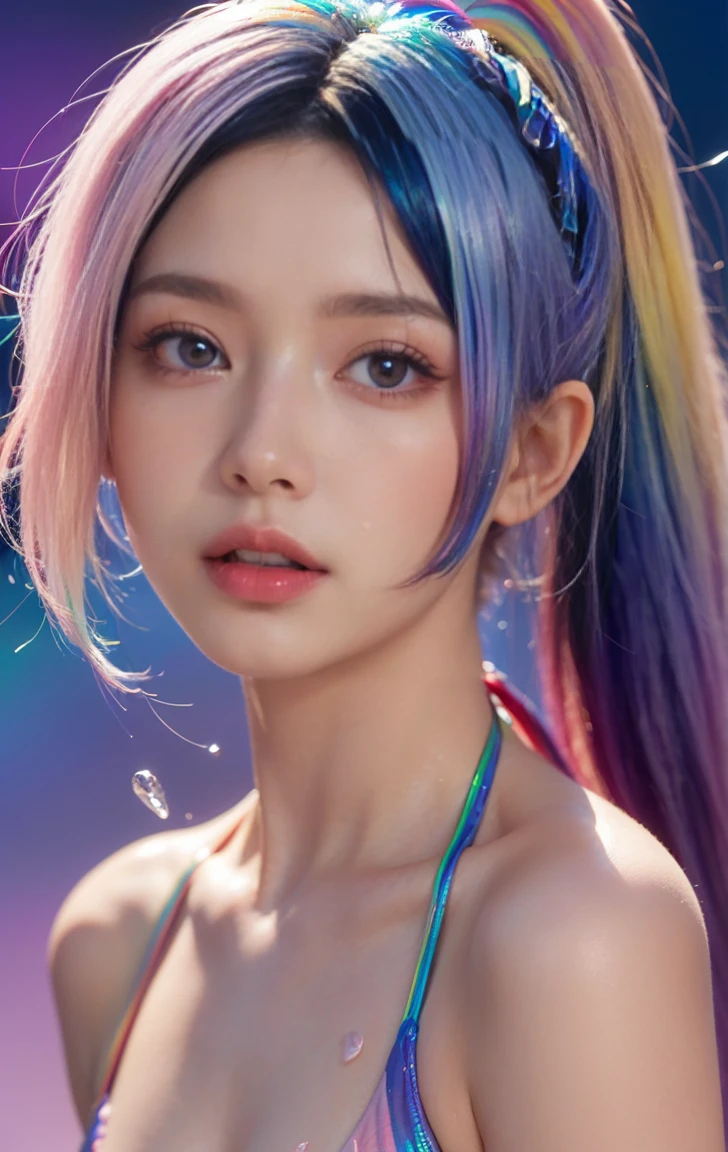 Full body portrait, standing, (colorful fashion ultra-small mini bikini: 1.9), (colorful hair: 1.8), (all colors of the rainbow: 1.8), (vertical: 1.6))), (painting, painting, portrait), cartoon, illustration, painting, large, crystal clear eyes, (rainbow gradient high ponytail: 1.7), exquisite makeup, mouth closed, (small fresh(1.5), (Big: 1.6), long eyelashes, looking at the audience, big watery eyes, (iridescent hair: 1.6), color splash, (solo, :1.8), color splash, color explosion, thick paint style, messy lines, ((sparkling)), (colorful), (colorful), colorful, colorful, chic paint style, (splash) (color splash), vertical painting ,, Paint splash, acrylic pigment, gradient, paint, best quality, best quality, masterpiece, , solo, , depth of field, face paint, colorful clothing, (elegantly: 1.2), gorgeous,long hair, wind, (elegantly: 1.3), (petals: 1.4), (Masterpiece,))))), (Best Quality))), (Ultra detailed))), (Illustration), (Dynamic Angle), ((Floating)), (Paint), (((disheveled hair)), (Solo,), (1 girl), (Detail anima face)))), (Beautiful Detail Face)), Collared, Bare shoulders, White hair, (((Colorful hair)), ((Striped hair)), Beautiful detailed eyes, (Gradient colored eyes), (Colorful eyes)))), ((High Saturation))))) , (((surrounded by colorful splashes))),