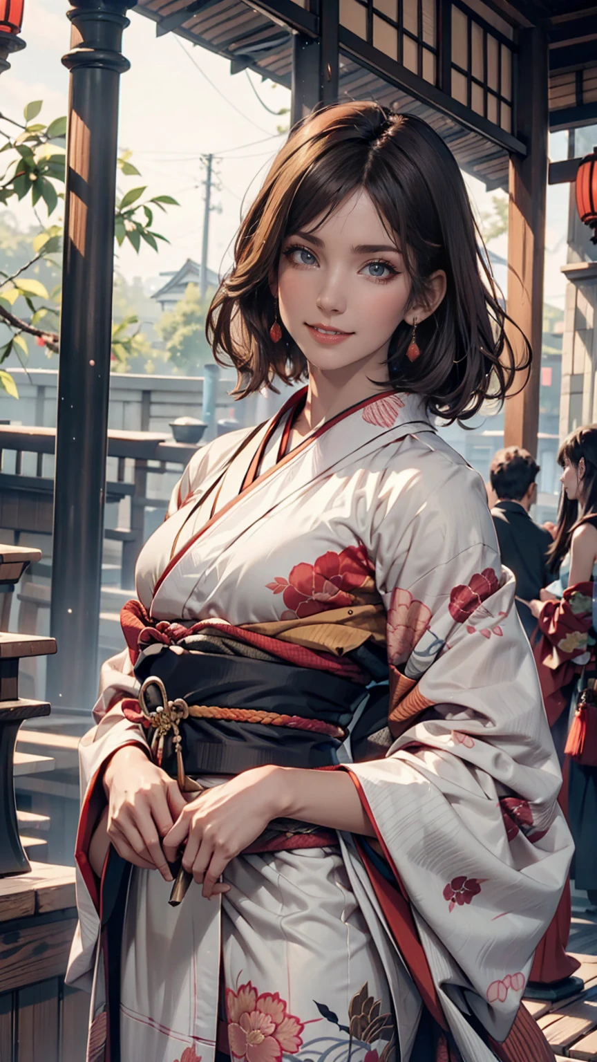 One person, alone, kimono, short hair, arms, sword, Brown eyes, View your viewers, kimono, Brown Hair, lips, Hands on hips, sheath, smile, knife, Black Hair, Upper Body, Mouth closed, sheathed, Raise your hand  