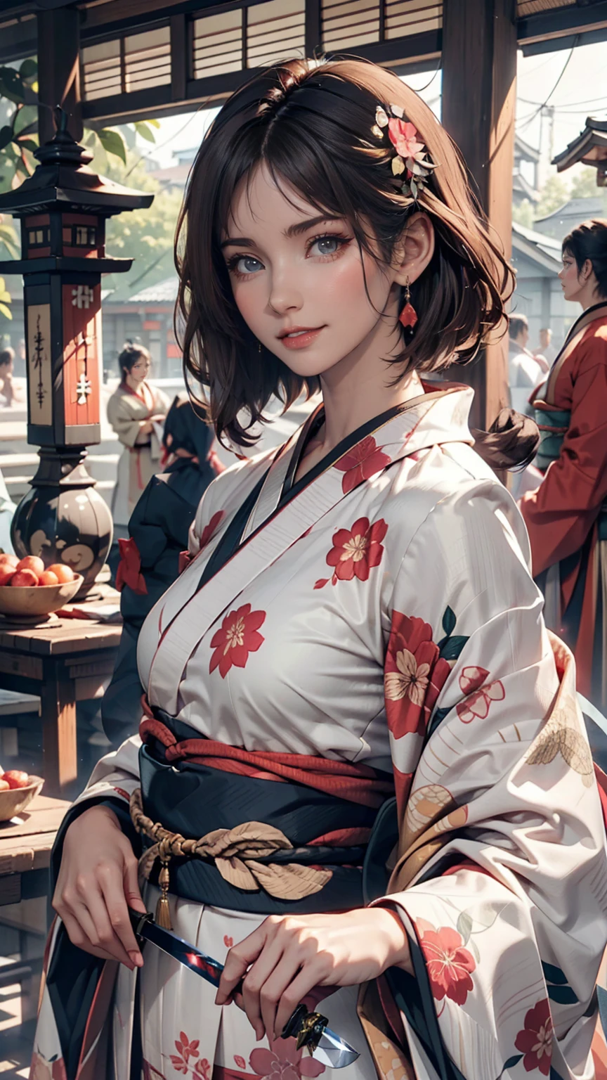 One person, alone, kimono, short hair, arms, sword, Brown eyes, View your viewers, kimono, Brown Hair, lips, Hands on hips, sheath, smile, knife, Black Hair, Upper Body, Mouth closed, sheathed, Raise your hand  