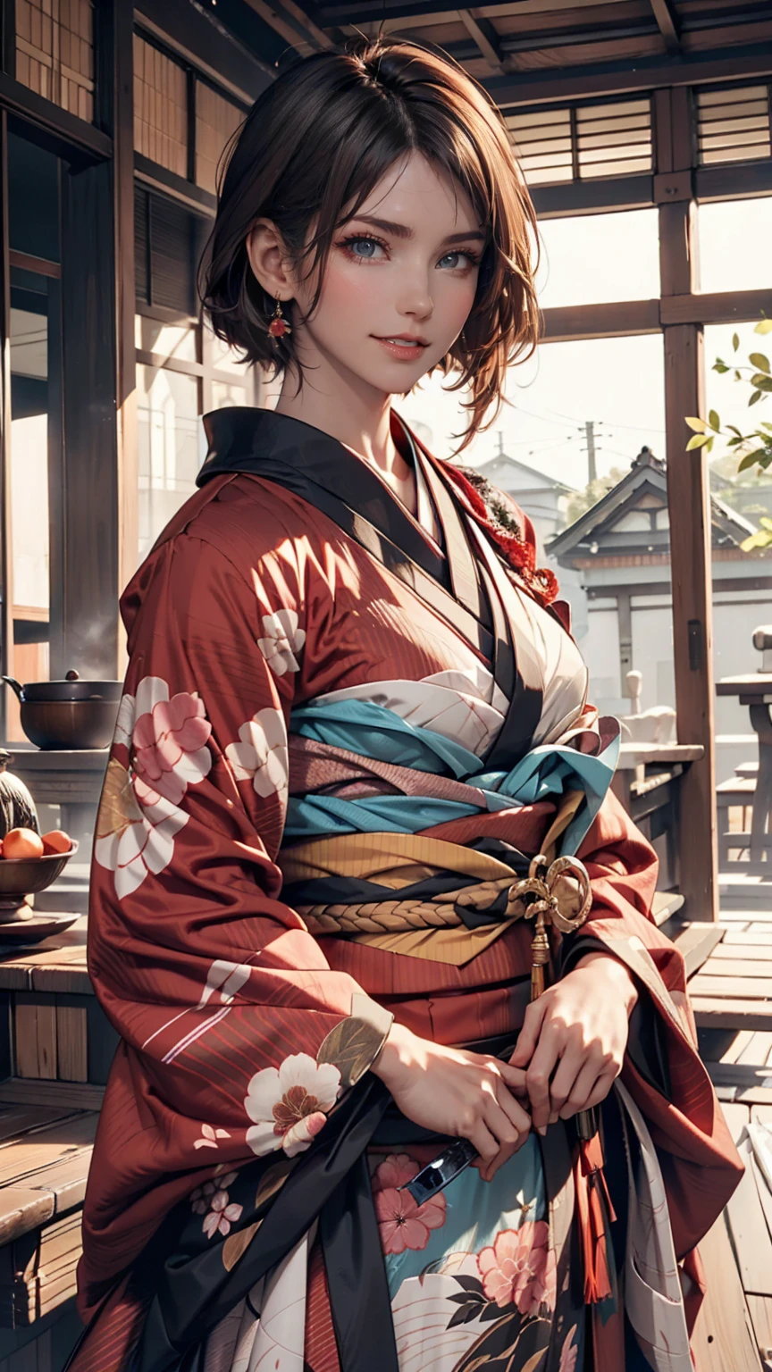 One person, alone, kimono, short hair, arms, sword, Brown eyes, View your viewers, kimono, Brown Hair, lips, Hands on hips, sheath, smile, knife, Black Hair, Upper Body, Mouth closed, sheathed, Raise your hand  