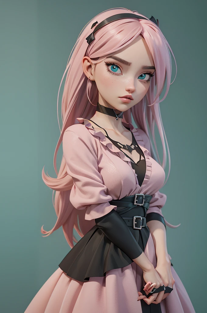 A beautifully designed 3d digital avatar of a young woman with an alternative gothic style. The character has dark, flowing hair with soft pink highlights, wearing a subtle choker and a stylish outfit that mixes dark tones with aqua green accents. The background is a gradient from black to soft pink with hints of green, giving it a mysterious yet inviting vibe. The avatar should exude creativity and elegance, perfectly representing a digital artist with a love for aesthetics