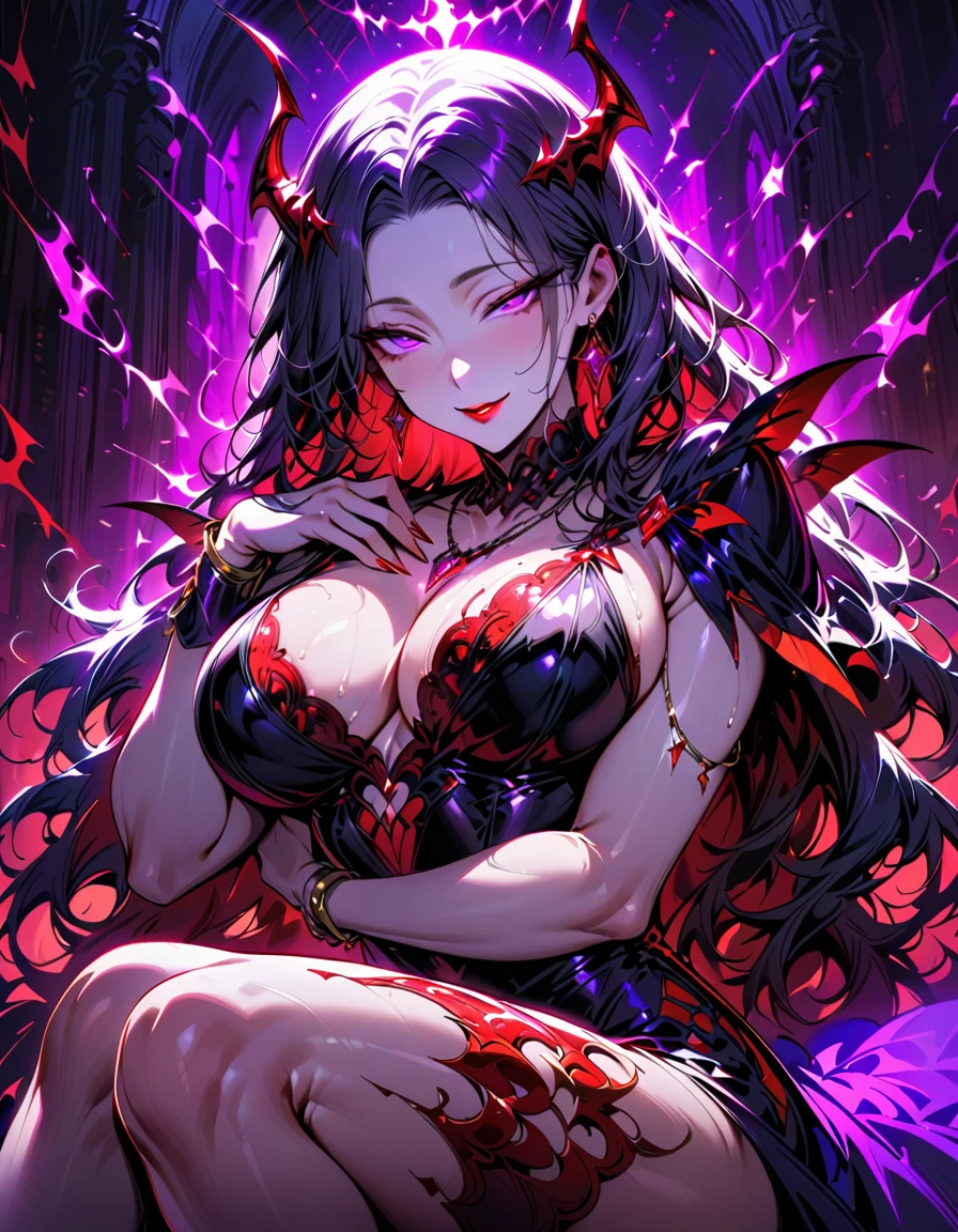 A young and beautiful woman and a mature and seductive woman,(Highest quality,Extremely detailed depiction,Incredibly absurd high resolution,Anatomically accurate depiction,Curvy Legs,Vertically drawn pupils,Shiny skin,Porcelain-like skin),(Succubus Mother and Daughter),(Elegant Gala Dresses,Fluffy Dress,Conservative dress,Gorgeous)eyelash,Sweat,(Glowing purple eyes,Crazy Eyes,Large Breasts,A seductive smile,lustrous red lips,Flashy makeup,A seductive gesture by two people:1.3,Two people hugging each other:1.3,Half-closed eyes:1.5),Luxury accessories,earrings,necklace,Bracelet,whole body,
