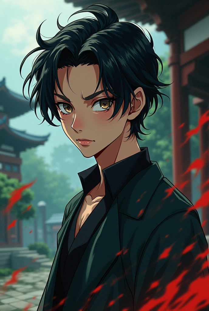 Young man character with black slicked back hair, dark brown eyes in demon slayer anime style