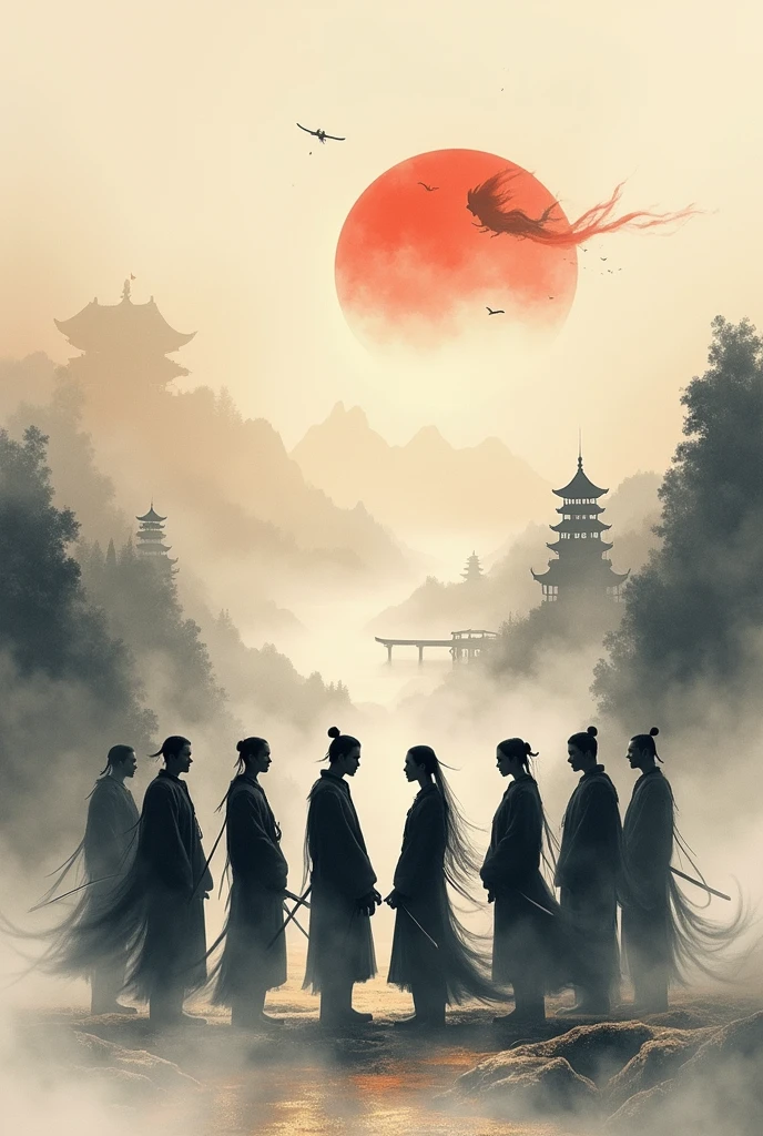 A atmospheric Chinese landscape in ink wash style, blending grayscale with hints of warm gold. In the foreground, silhouettes of a diverse group of people stand in various poses - some in confrontation, others in support. Their shadows intertwine, suggesting complex relationships. Swirling mist partially obscures their features, symbolizing moral ambiguity. In the background, faded outlines of pagodas and mountains. A red sun hangs low, casting long shadows. Subtle martial arts imagery like a distant duel or a floating ribbon from a weapon. The overall scene evokes both the physical world of jianghu and the internal struggles of human nature.