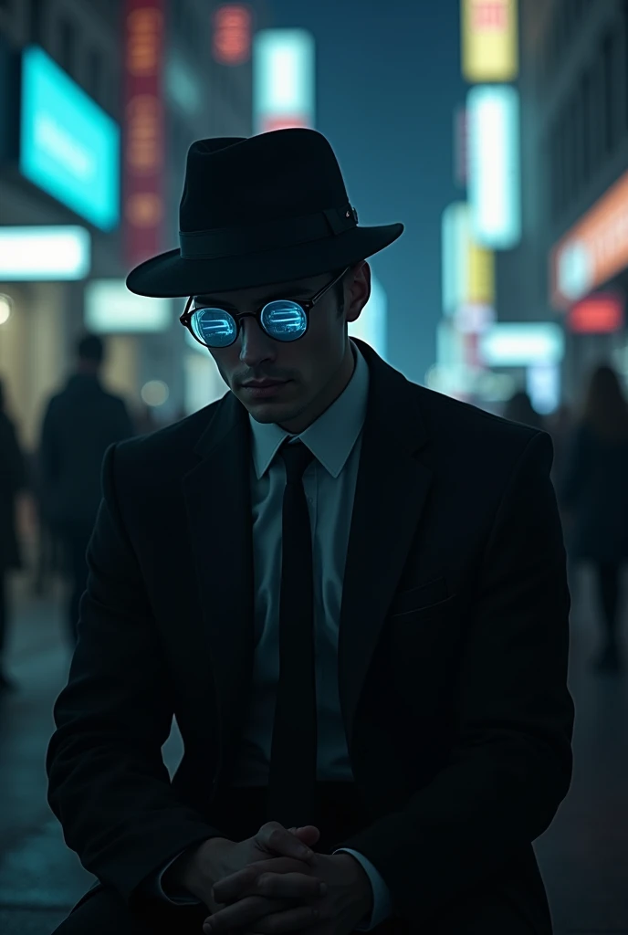 Depressed man in a suit,Wear a hat, People sitting in the city at night々, think;I can&#39;t see your face,Wear glasses,The glasses have a bluish tint,A little bit cyber chic，Fantasy World