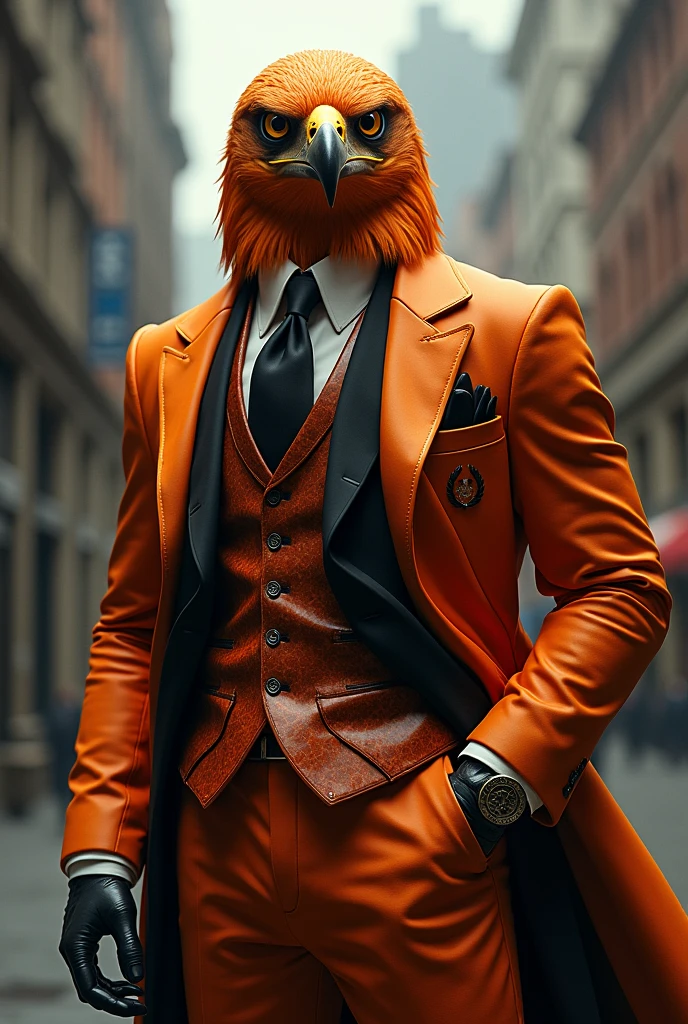 An eagle in an orange and black suit