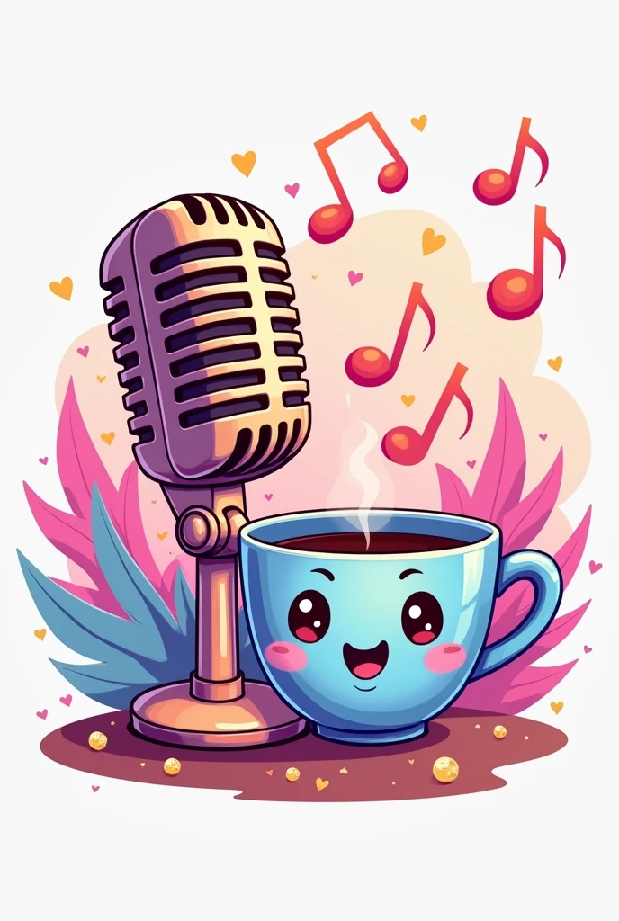 A logo with a microphone and musical notes in bright pastel colors and a cup of hot coffee with little heart eyes and glitter