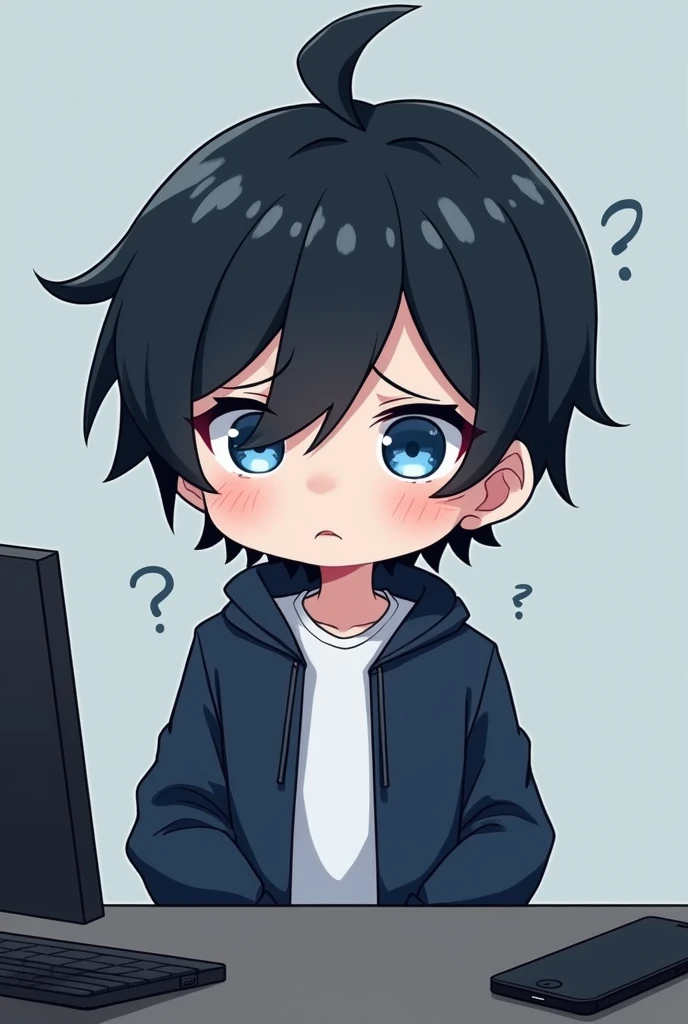 One person,Black Hair, Asymmetrical bangs, Parting the bangs,Blue Eyes,Drooping eyes,White T-shirt,Navy blue jacket,smartphone,computer,Simple background,cool,Default,Illness,Confused eyes,Distributor,Chibi Character