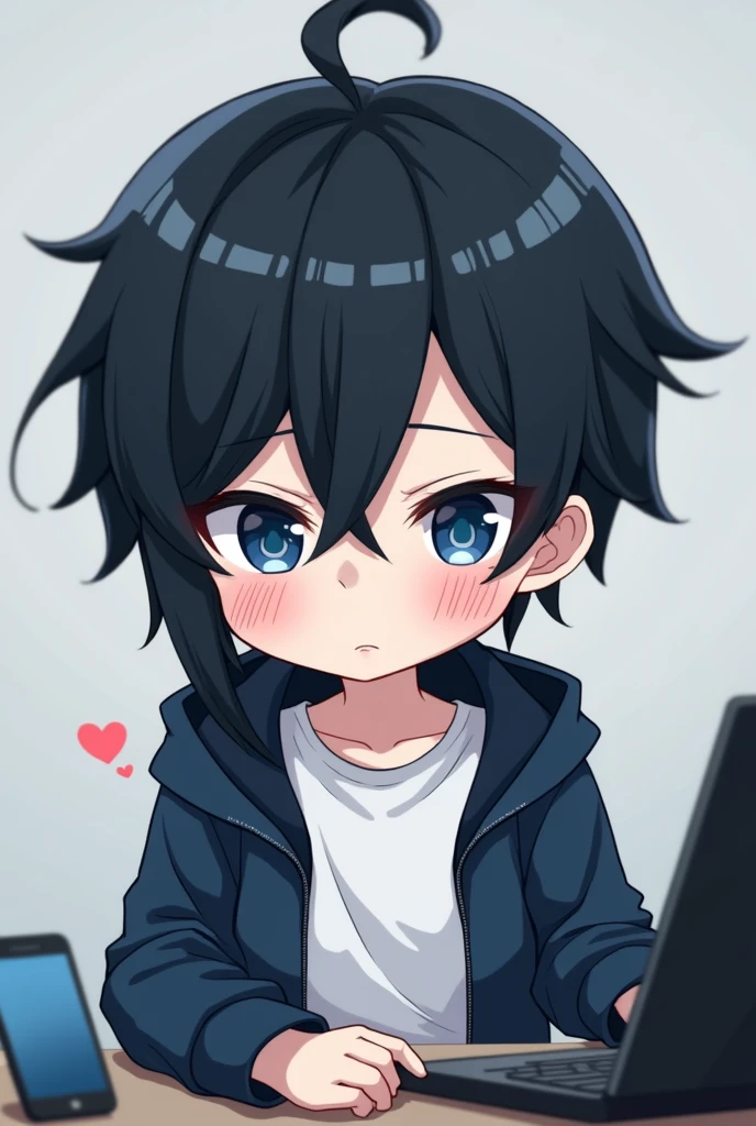 One person,Black Hair, Asymmetrical bangs, Parting the bangs,Blue Eyes,Drooping eyes,White T-shirt,Navy blue jacket,smartphone,computer,Simple background,cool,Default,Illness,Confused eyes,Distributor,Chibi Character