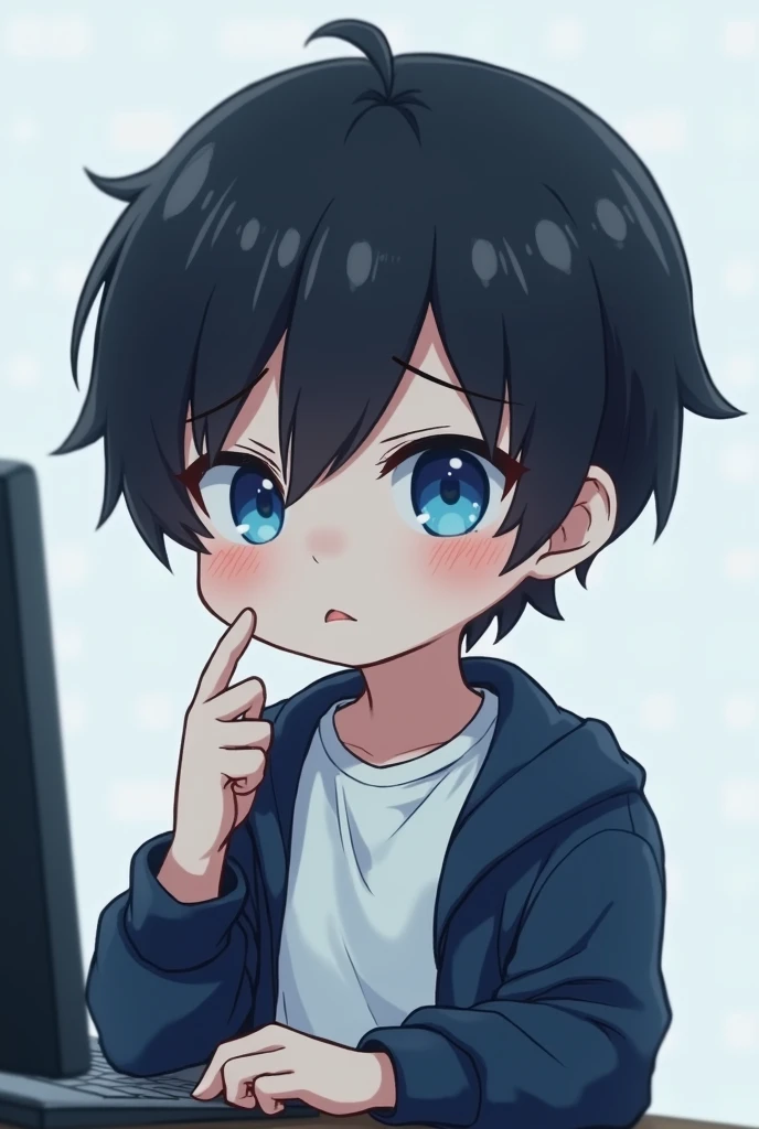 One person,Black Hair, Asymmetrical bangs, Parting the bangs,Blue Eyes,Drooping eyes,White T-shirt,Navy blue jacket,smartphone,computer,Simple background,cool,Default,Illness,Confused eyes,Distributor,Chibi Character