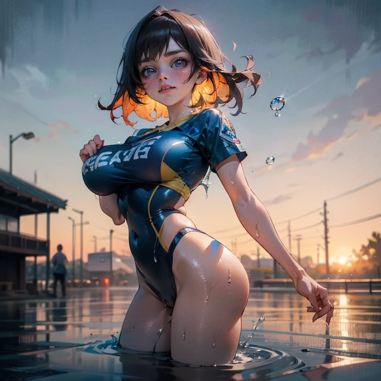 Anime Kawaii sexy Perfect Slim sensual body Perfect breast and beautiful thighs, An intricate and highly detailed illustration of anime Young 1girl a sexy sweaty age athlete, water droplets, nerd, Athletic, muscular, (best quality,4k,8k,highres,masterpiece:1.2),ultra-detailed,highly detailed face, beautiful detailed eyes, beautiful detailed lips, extremely detailed eyes and face, long eyelashes, muscular body, outdoor athletic field, Atletico uniform, water splash effects, cinematic lighting, vibrant colors, dynamic composition