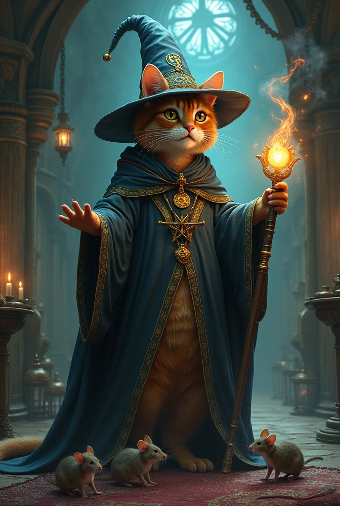 Create a realistic image of a fully cat wizard summoning mice with a spell