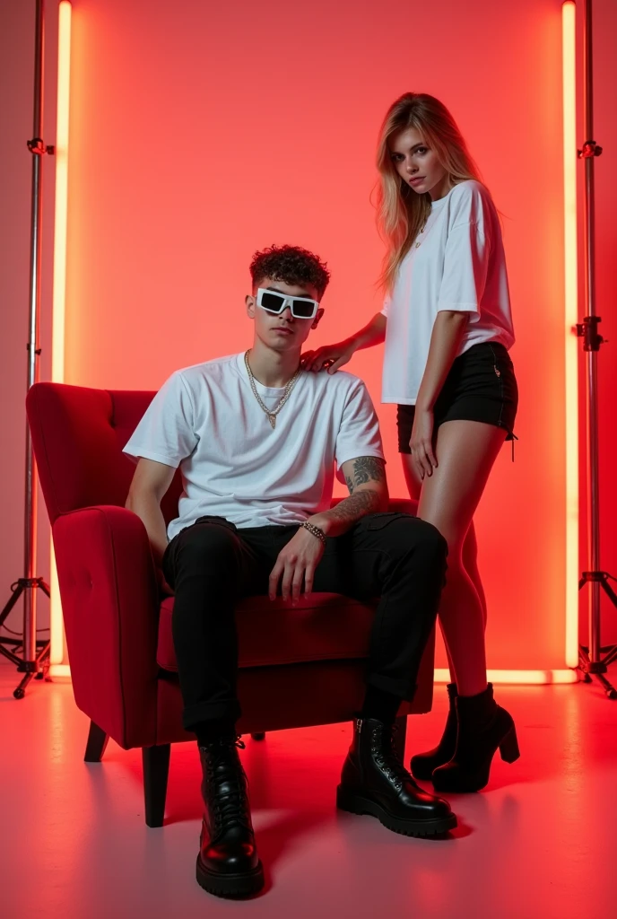 "An urban streetwear fashion shoot in a photography studio with a professional backdrop curtain. The male model, around 2, with a tattoo on one arm and short, curly hair, wears modern white sunglasses, an oversized white t-shirt made of high-quality, heavyweight cotton (220 gsm), and black military-style cargo pants. He sits casually on a red modern armchair and wears white boots. The female model, a young European with blonde hair, stands next to him in a seductive pose, wearing a matching oversized white t-shirt for women and a tight mini skirt with stylish black boots. Neon lights on the floor create a light red gradient effect. The backdrop curtain enhances the scene with a professional touch, and the neon lighting adds a vibrant, edgy contrast."
